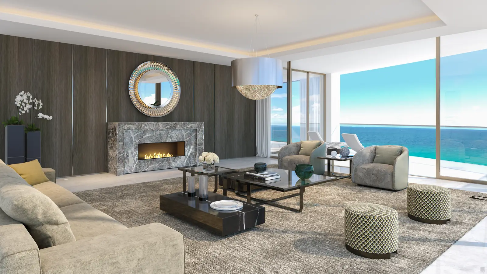Amalfi residence, living room with fireplace