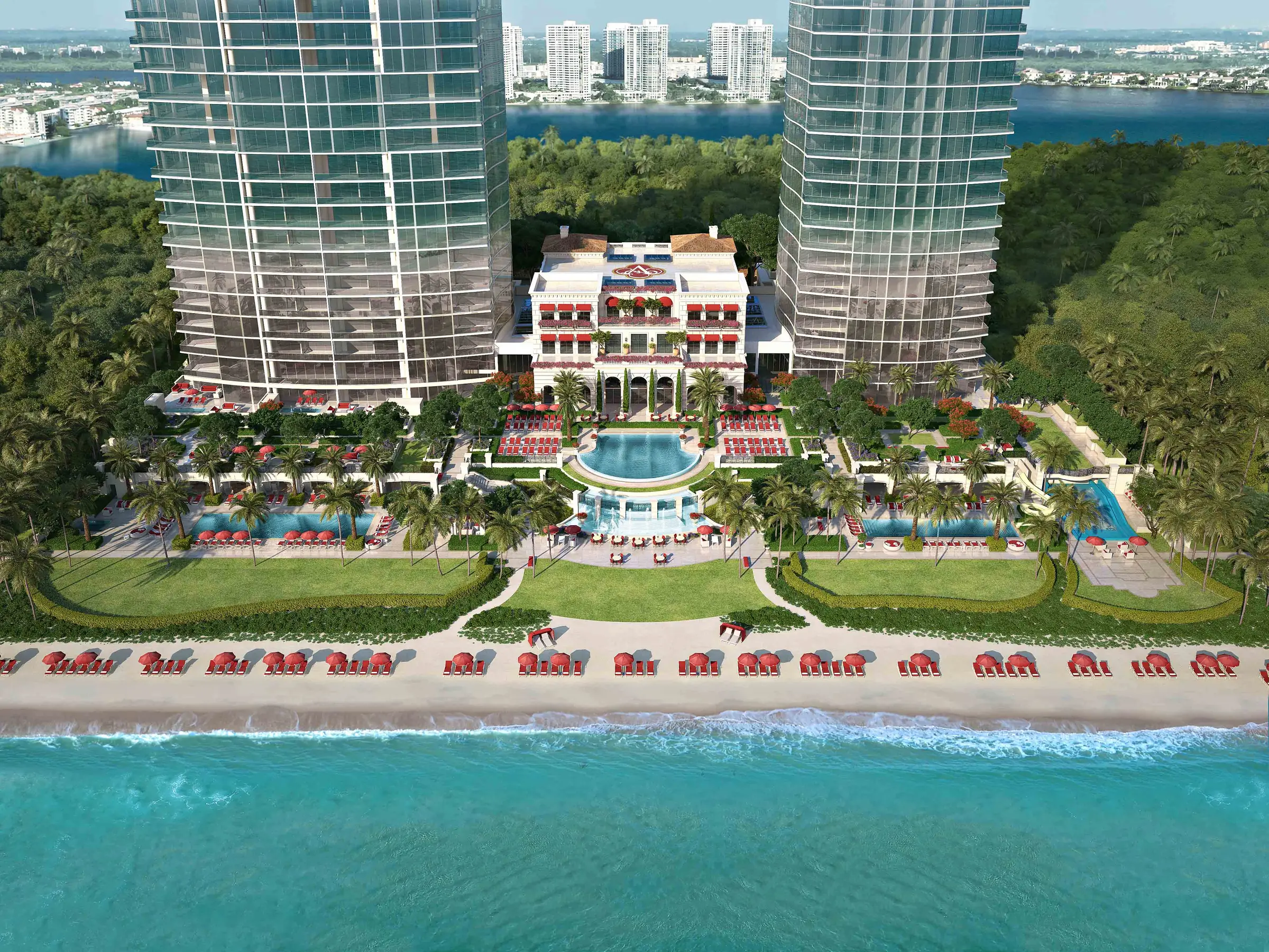 Aerial of the two Estates at Acqualina towers, the amenity villa, gardens and beach