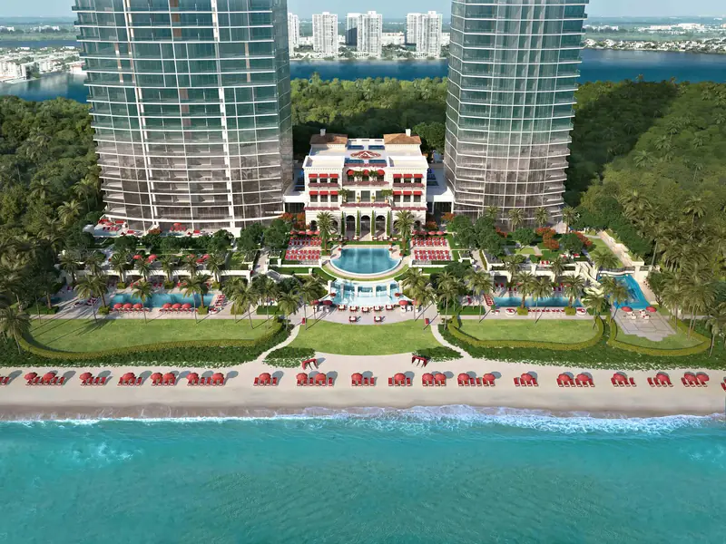 Aerial of the two Estates at Acqualina towers, the amenity villa, gardens and beach