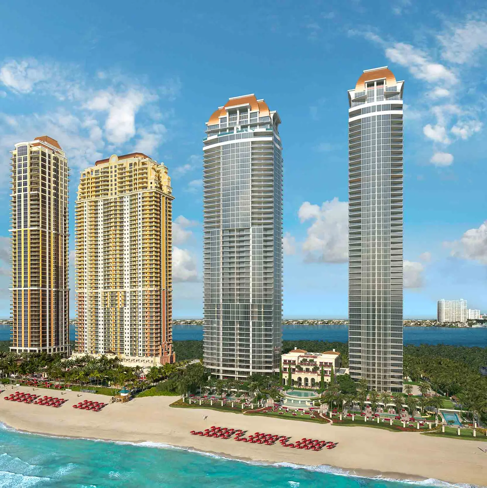 The four Acqualina towers from the beach, daytime