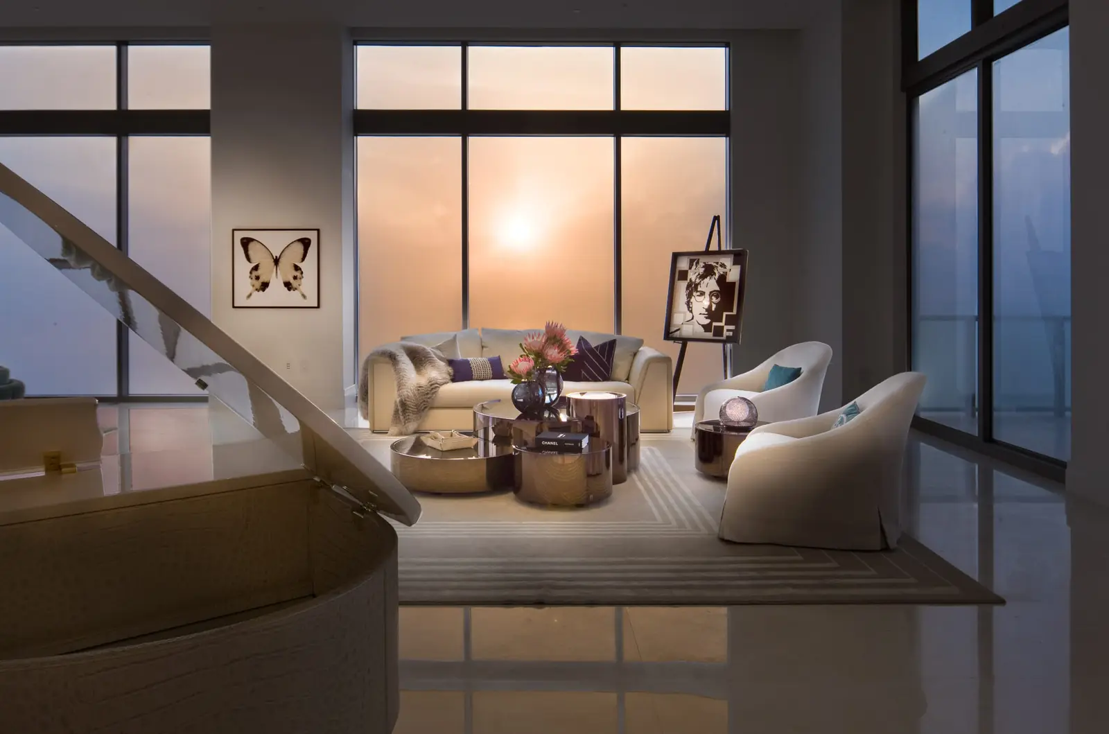 Residence living room at dusk (tower not specified by source)